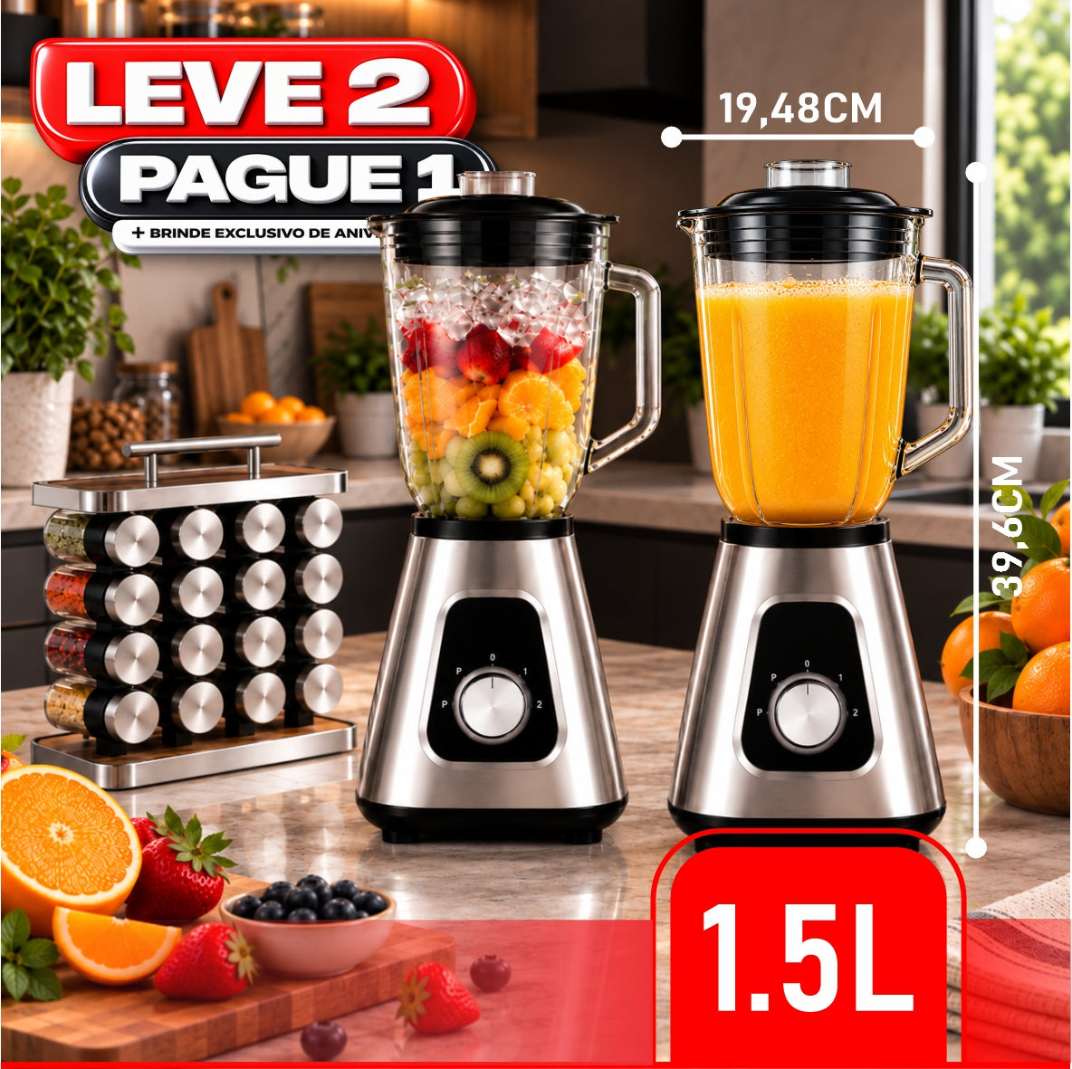 Liquidificador Multiuso 5 em 1 Com 2 Jarras de Vidro + BRINDE Porta Tempero Vertical 16 Potes - COMPRE 1 LEVE 2