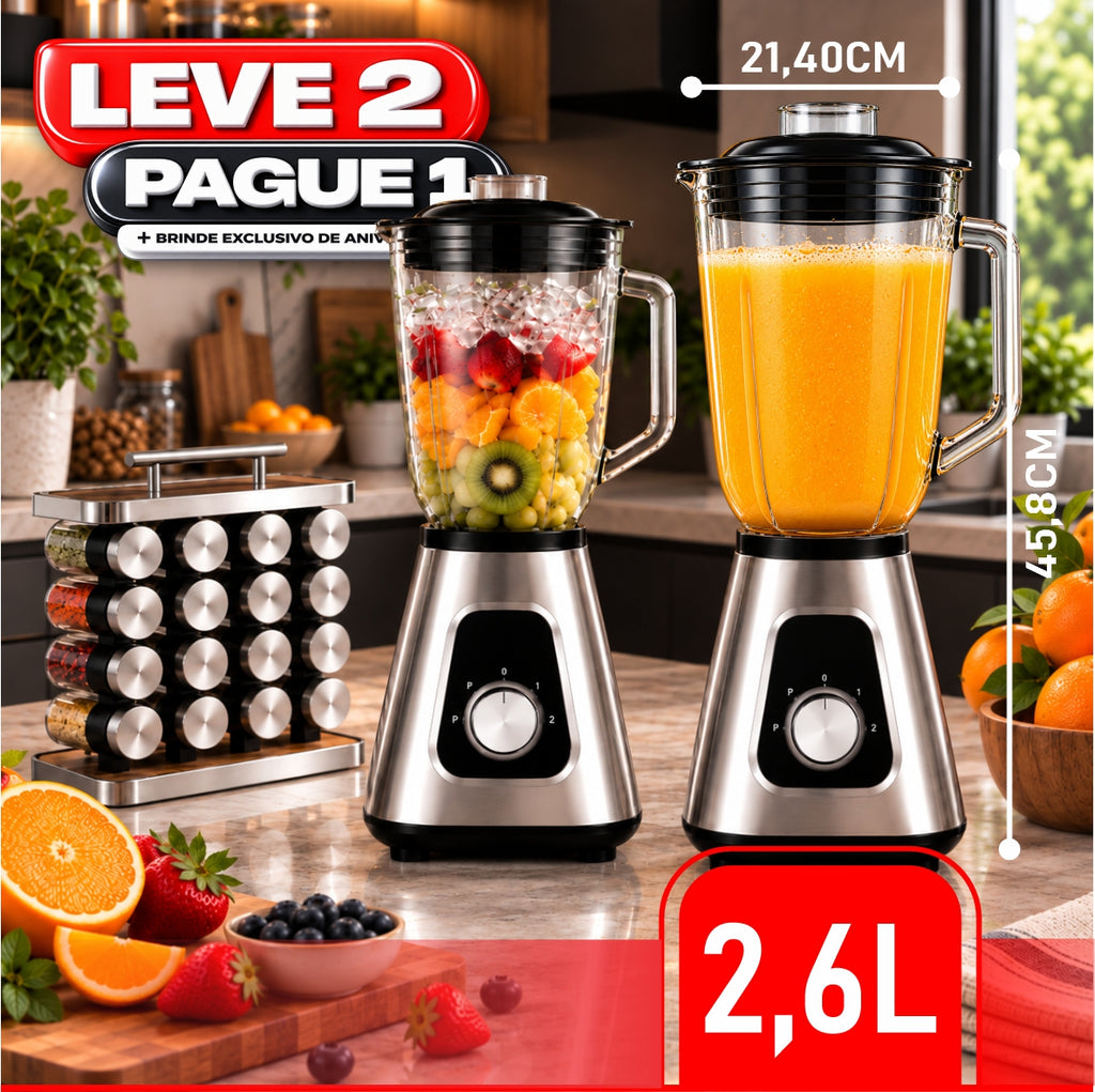 Liquidificador Multiuso 5 em 1 Com 2 Jarras de Vidro + BRINDE Porta Tempero Vertical 16 Potes - COMPRE 1 LEVE 2