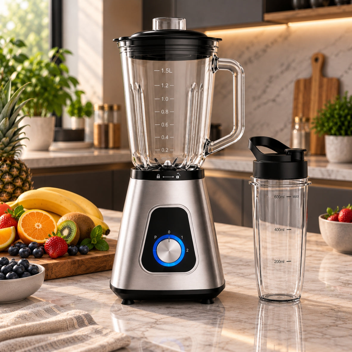 Liquidificador Multiuso 5 em 1 Com 2 Jarras de Vidro + BRINDE Porta Tempero Vertical 16 Potes - COMPRE 1 LEVE 2